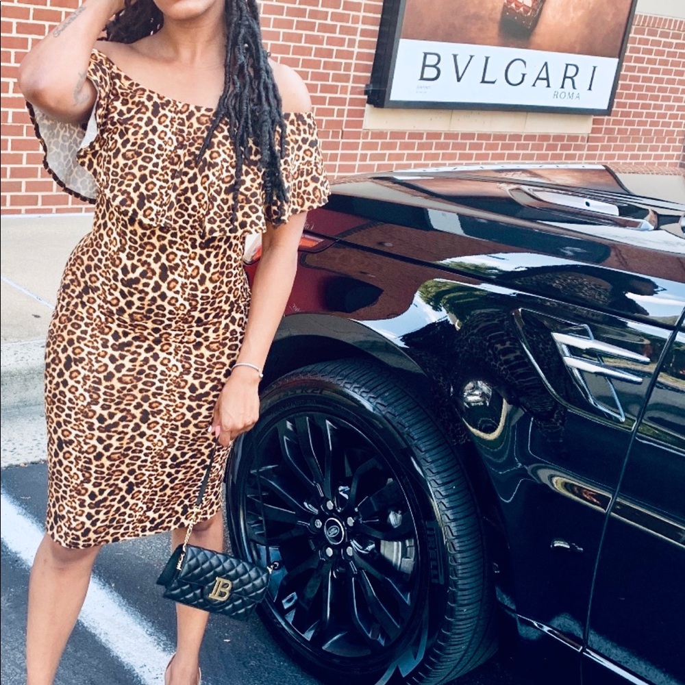 Leopard off shoulder midi dress